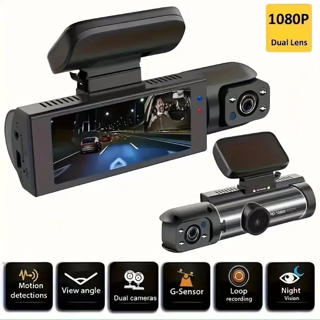 Dual Dash Cam with Rear Camera (1080p Front, Night Vision)