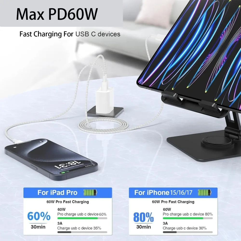 60W Braided USB-C to USB-C Fast Charging Cable